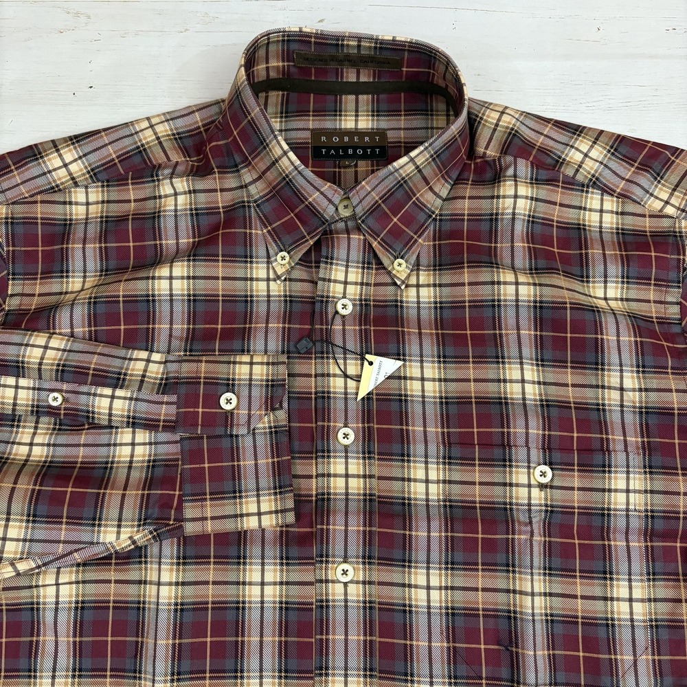 Robert Talbott Plaid Shirt Mens L Red Twill Cotton Button Down Long Sleeve